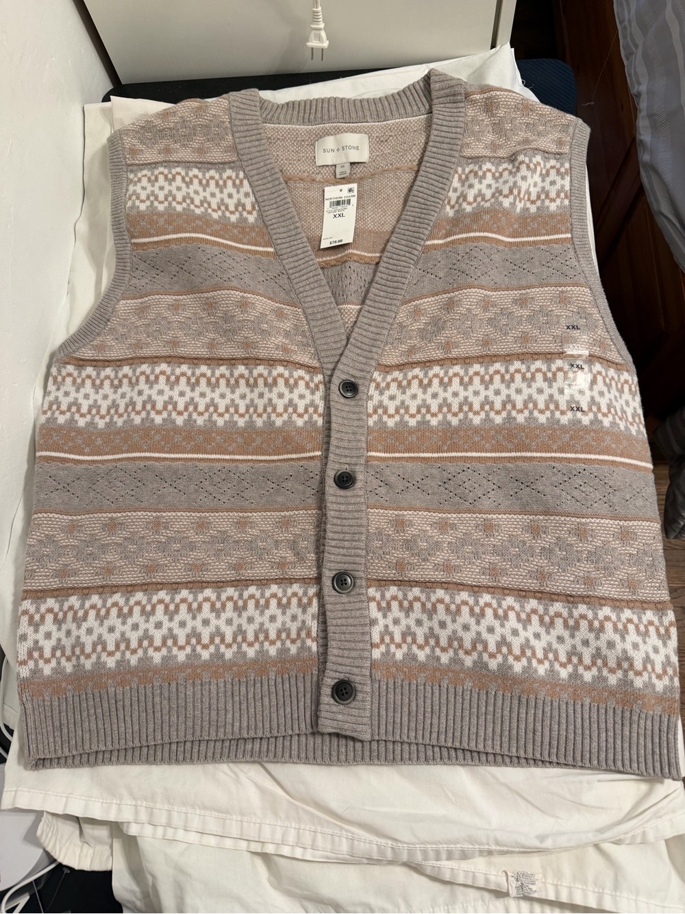 Sun + Stone Taupe, White, and Light Brown Knit Button Vest